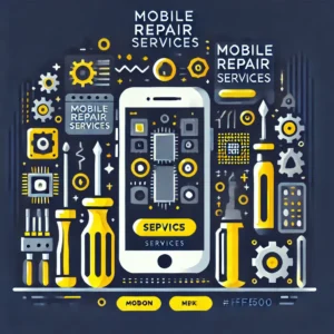 Illustration of mobile repair services with smartphone, tools, chips, and gears in a modern flat design – LAXMIDIGITALPOINT.IN