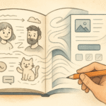 A hand sketching in a notebook where characters, icons, and handwritten notes transition into a digital UI design—symbolizing storytelling in design.