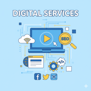 Laxmi Digital Point: Illustration of laptop, cloud, SEO, and social media icons representing comprehensive digital services.